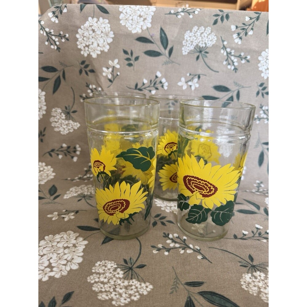 Vintage Sunflower Drinking Glass Tumbler Style Anchor Hocking 16 Oz, Set of 4